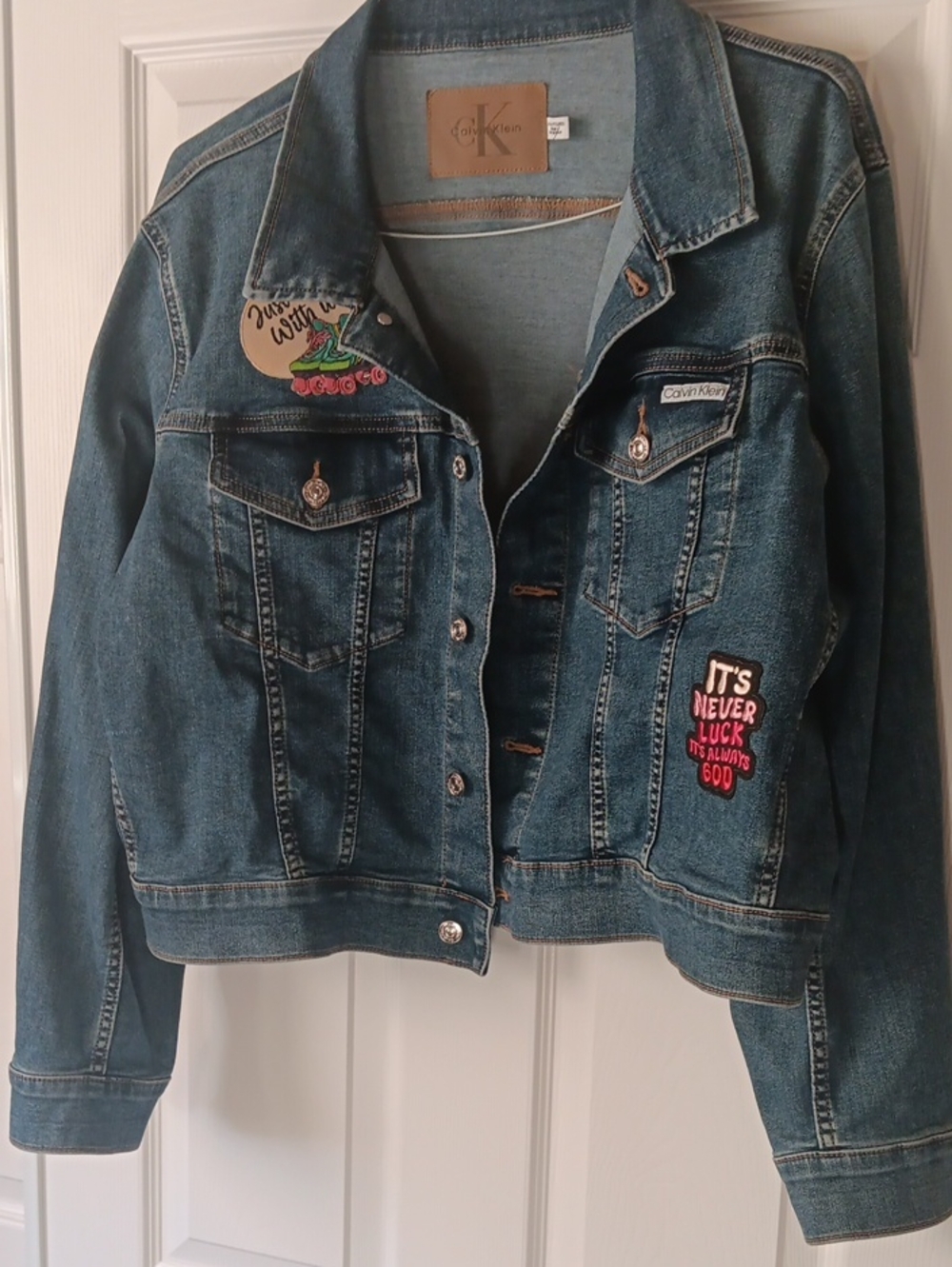 Calvin Klein Blue Denim Jacket with Embroidered Patch Details